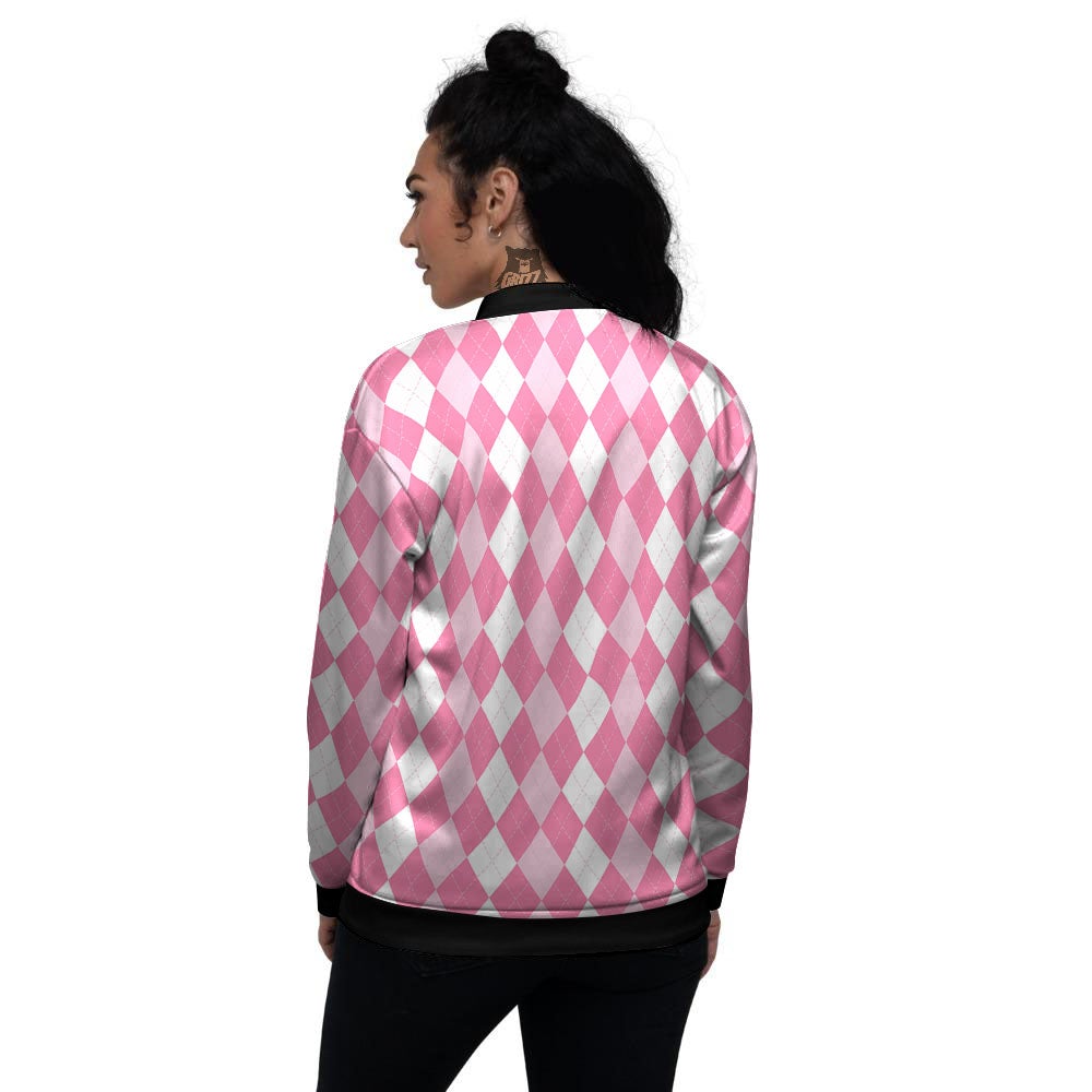 Argyle White And Pink Print Pattern Women's Bomber Jacket-grizzshop