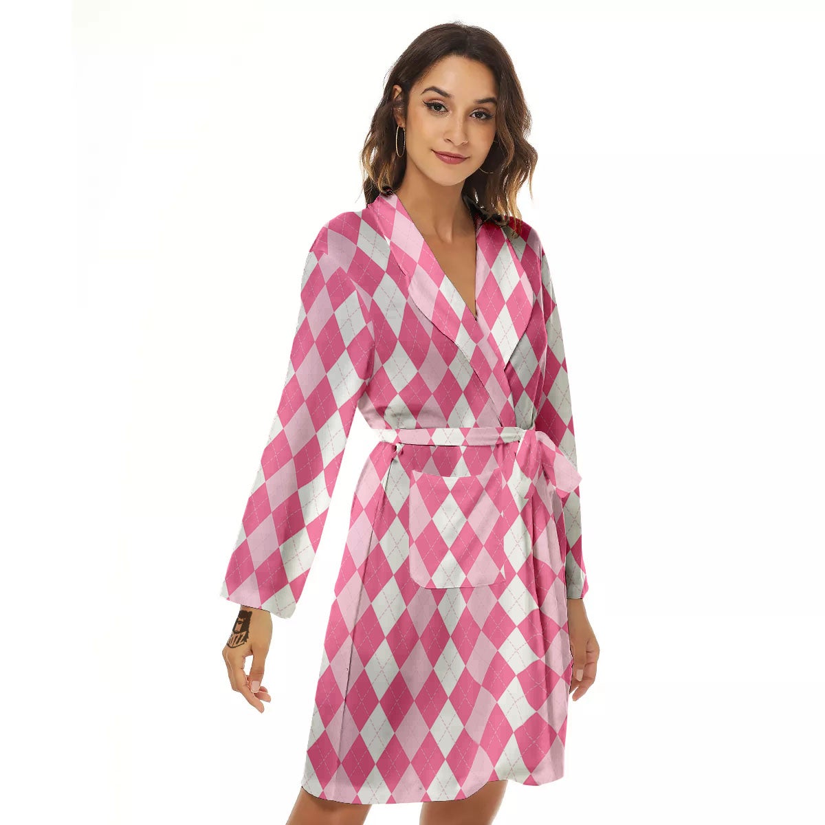 Argyle White And Pink Print Pattern Women's Robe-grizzshop