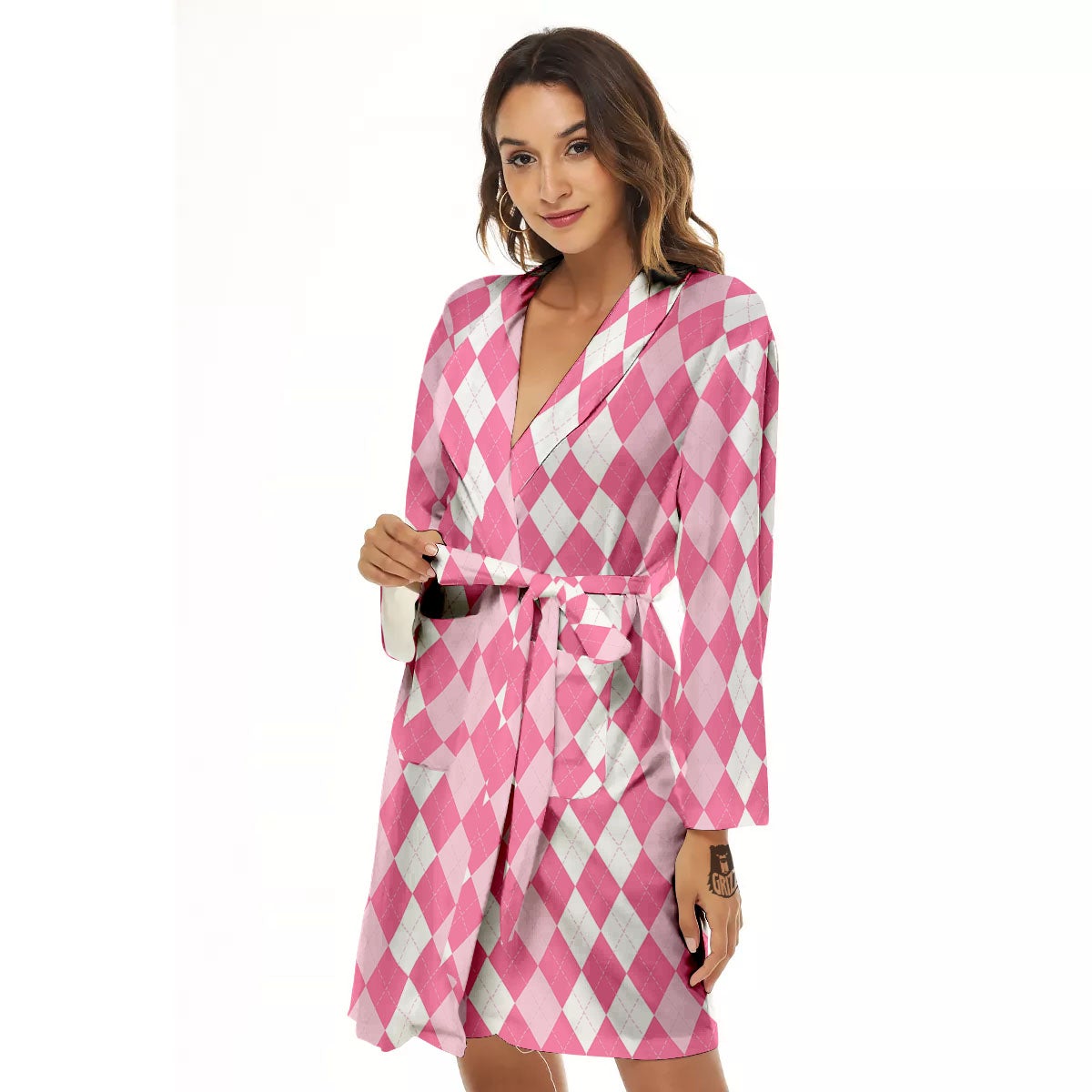 Argyle White And Pink Print Pattern Women's Robe-grizzshop