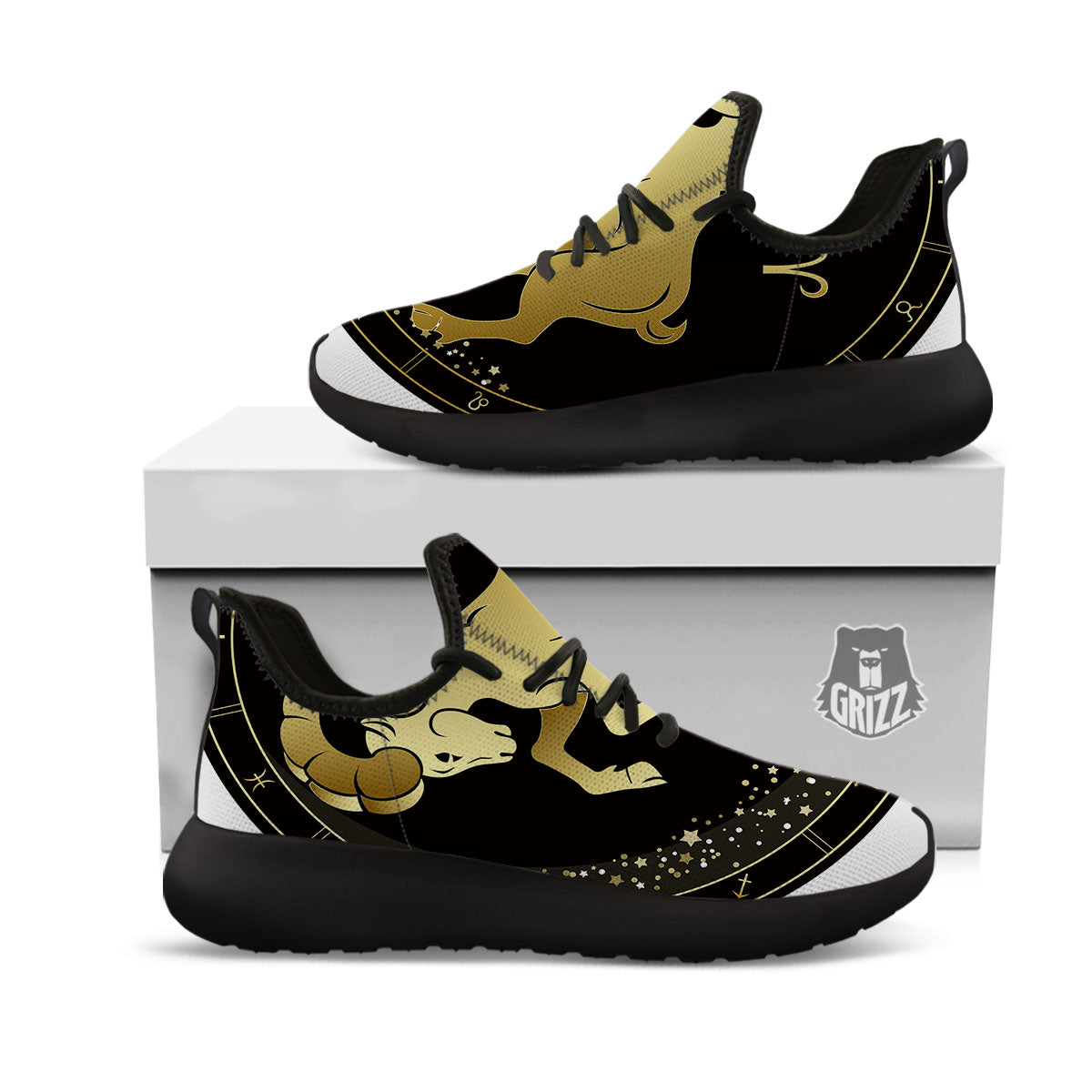 Aries Sign Black And Gold Print Black Athletic Shoes-grizzshop