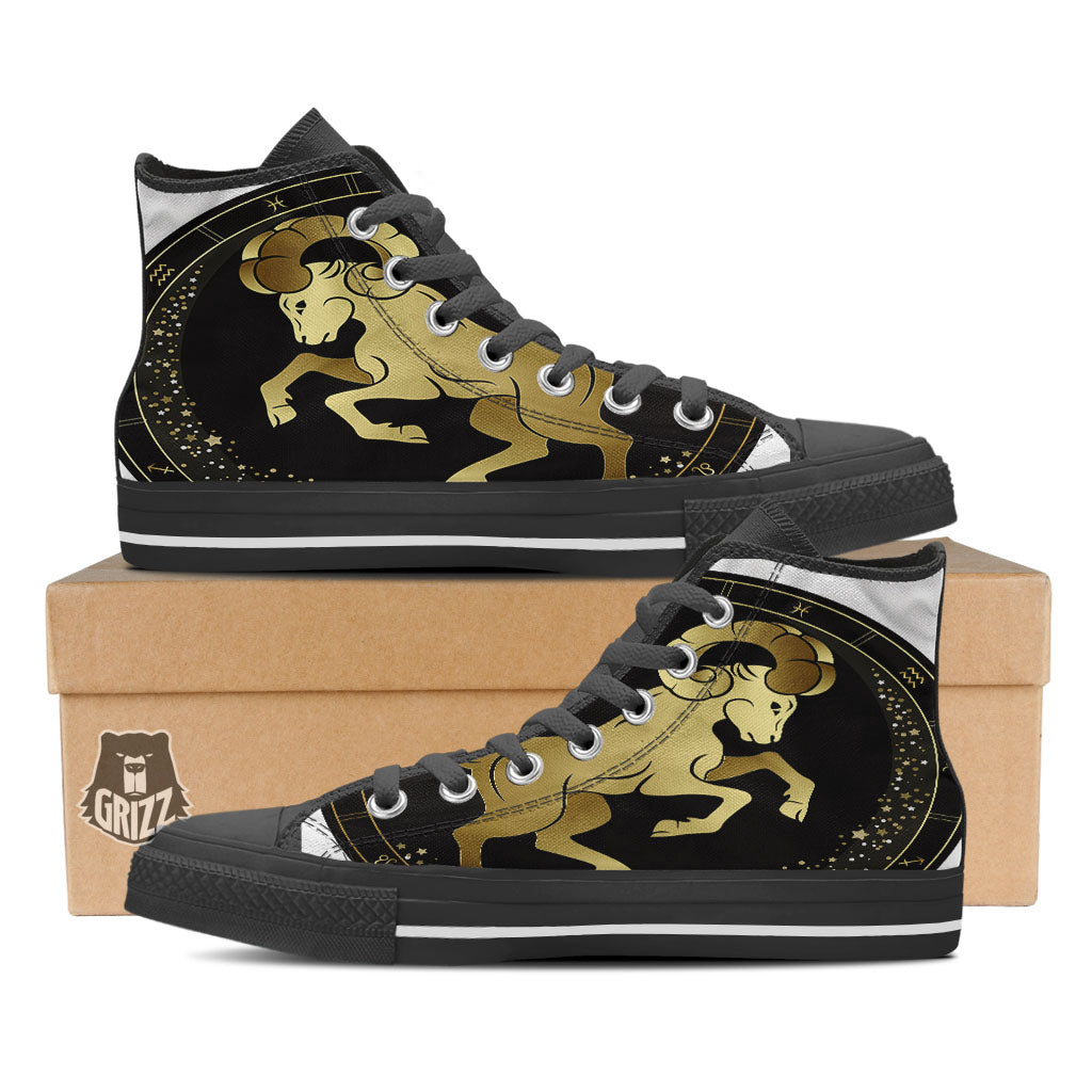 Aries Sign Black And Gold Print Black High Top Shoes-grizzshop