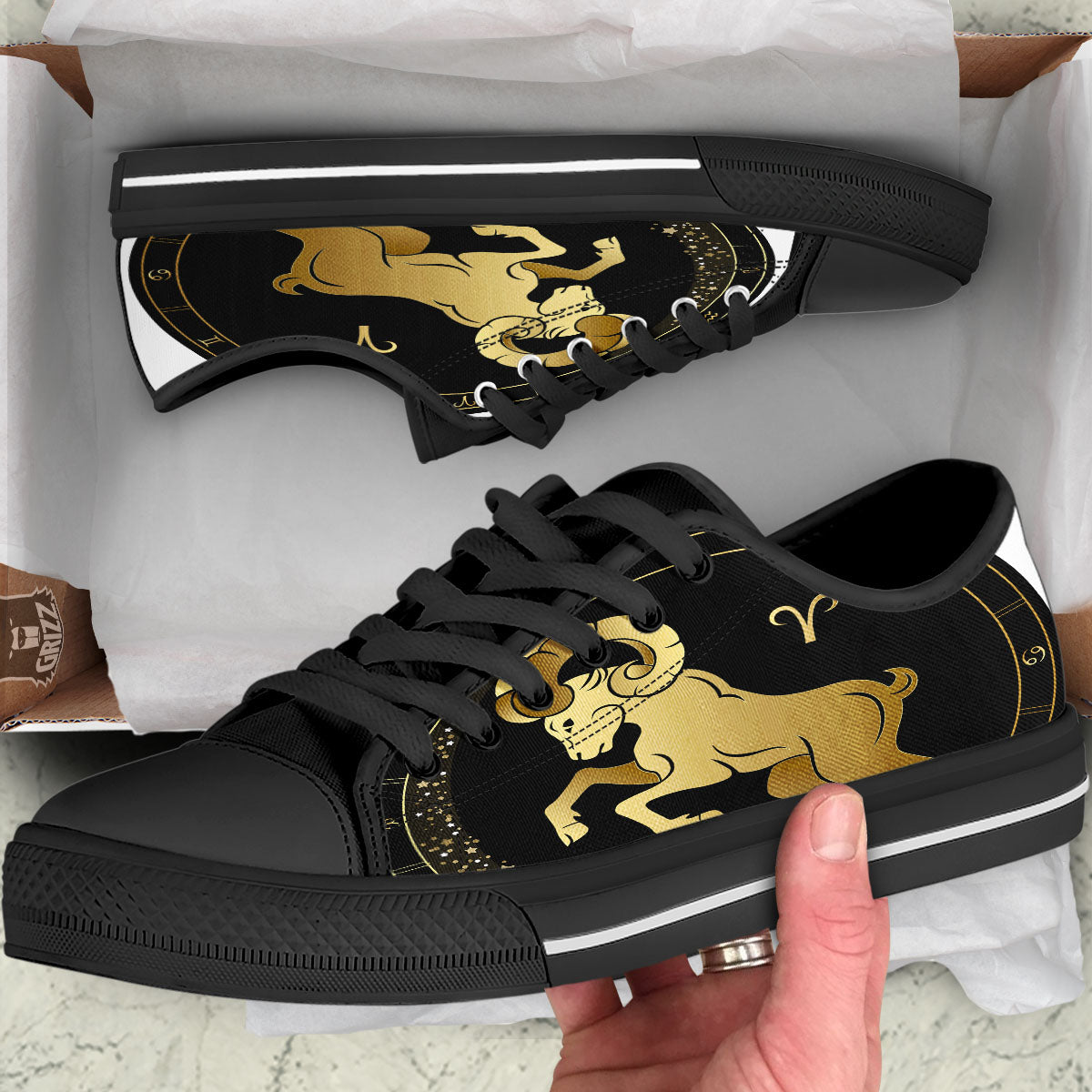 Aries Sign Black And Gold Print Black Low Top Shoes-grizzshop