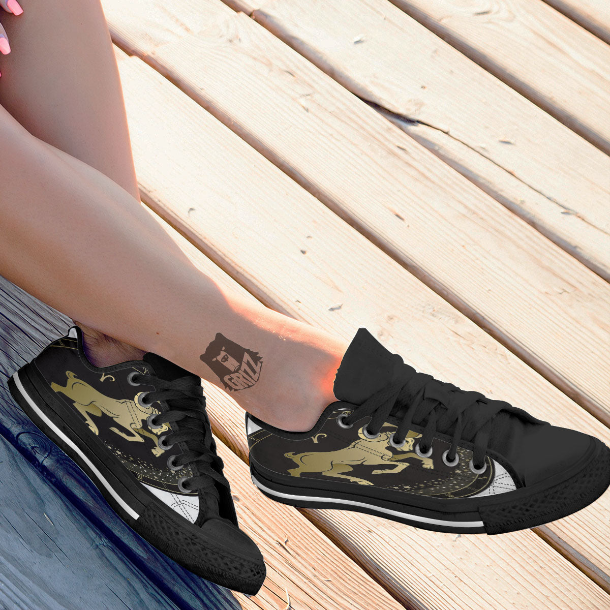 Aries Sign Black And Gold Print Black Low Top Shoes-grizzshop