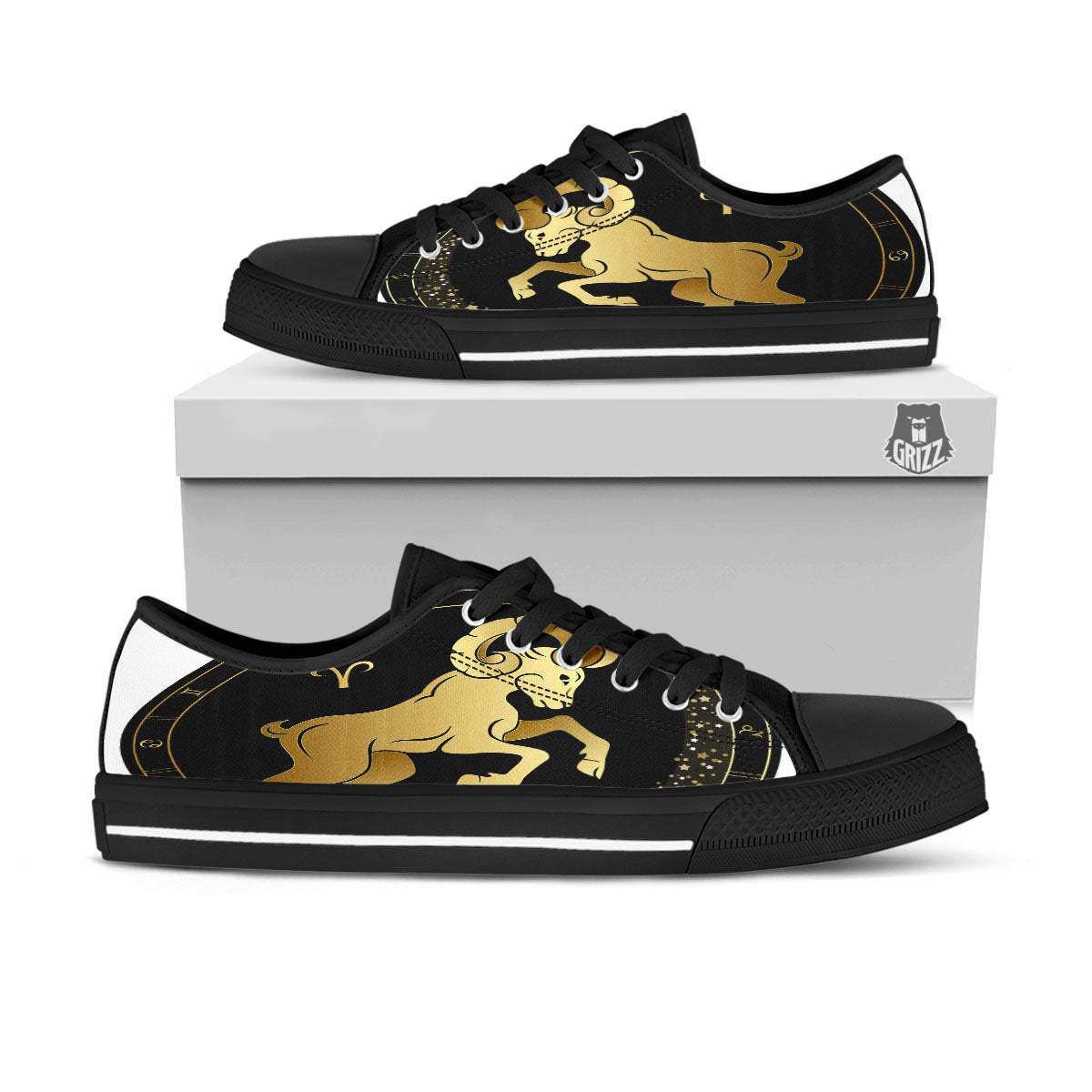Aries Sign Black And Gold Print Black Low Top Shoes-grizzshop