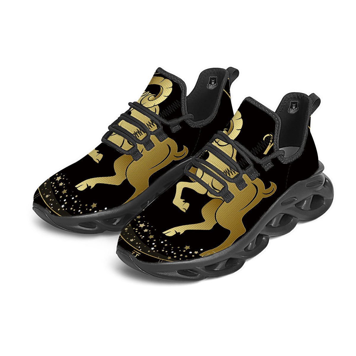 Aries Sign Black And Gold Print Black Running Shoes-grizzshop
