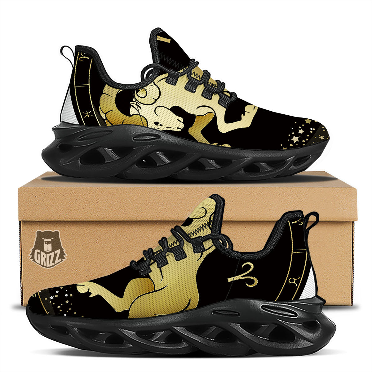Aries Sign Black And Gold Print Black Running Shoes-grizzshop