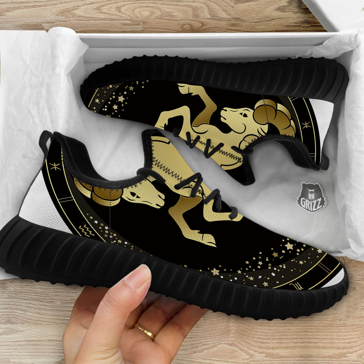 Aries Sign Black And Gold Print Black Walking Shoes-grizzshop