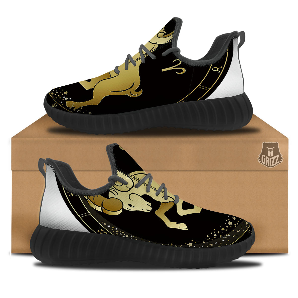 Aries Sign Black And Gold Print Black Walking Shoes-grizzshop