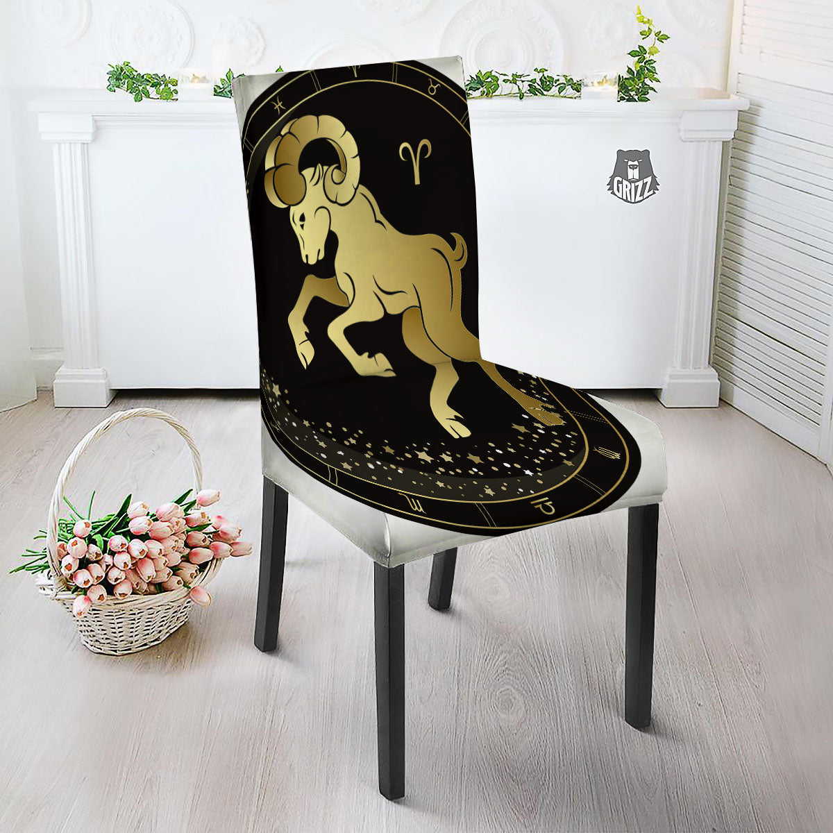Aries Sign Black And Gold Print Dining Chair Slipcover-grizzshop