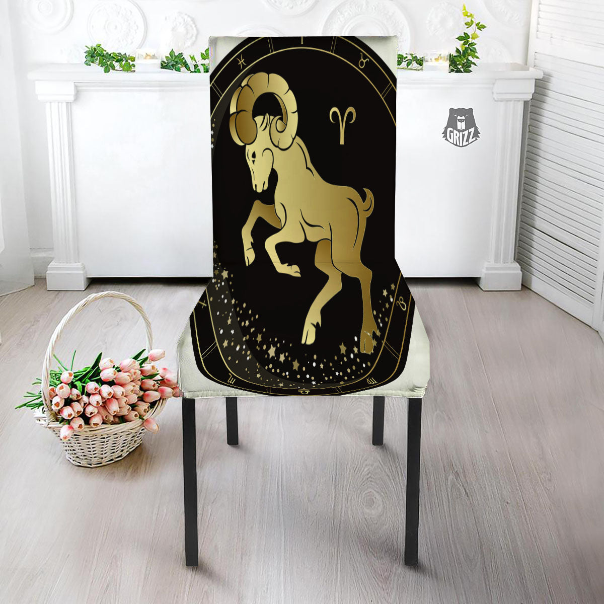 Aries Sign Black And Gold Print Dining Chair Slipcover-grizzshop