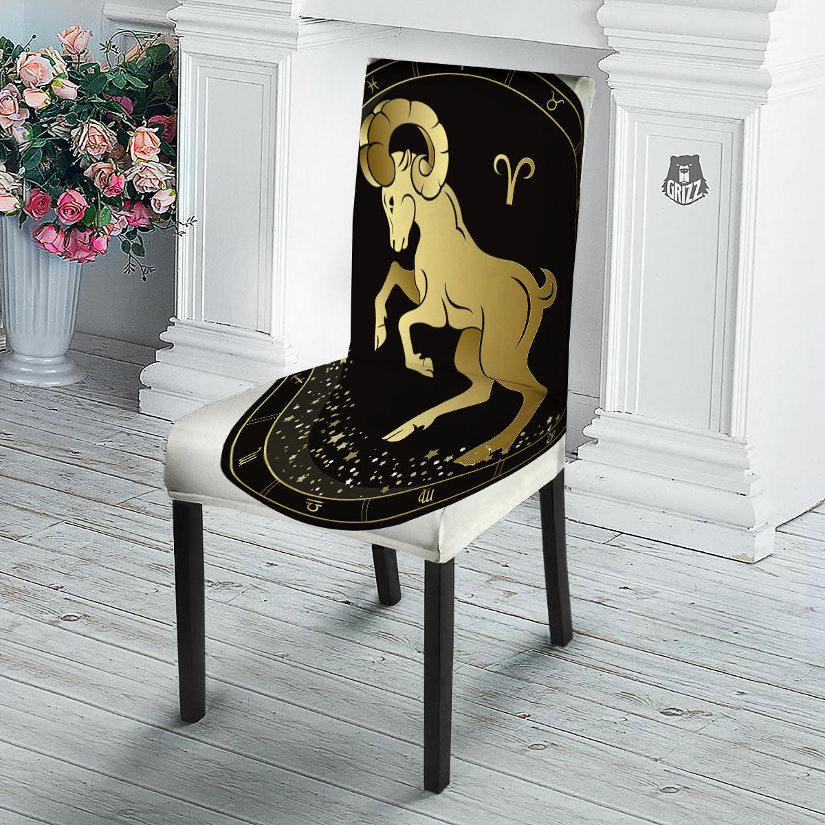 Aries Sign Black And Gold Print Dining Chair Slipcover-grizzshop
