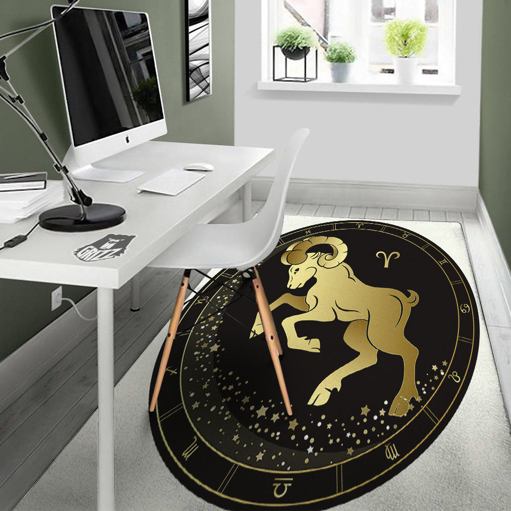 Aries Sign Black And Gold Print Floor Mat-grizzshop