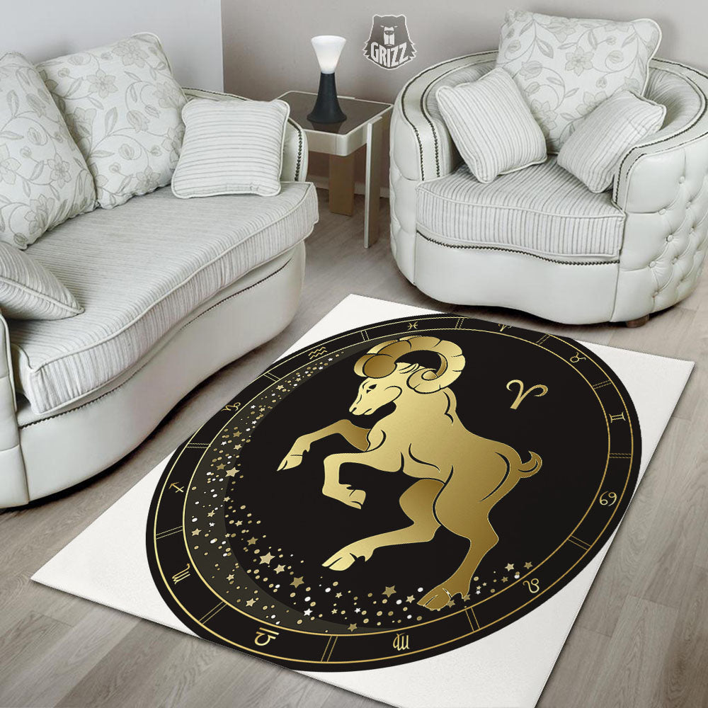 Aries Sign Black And Gold Print Floor Mat-grizzshop