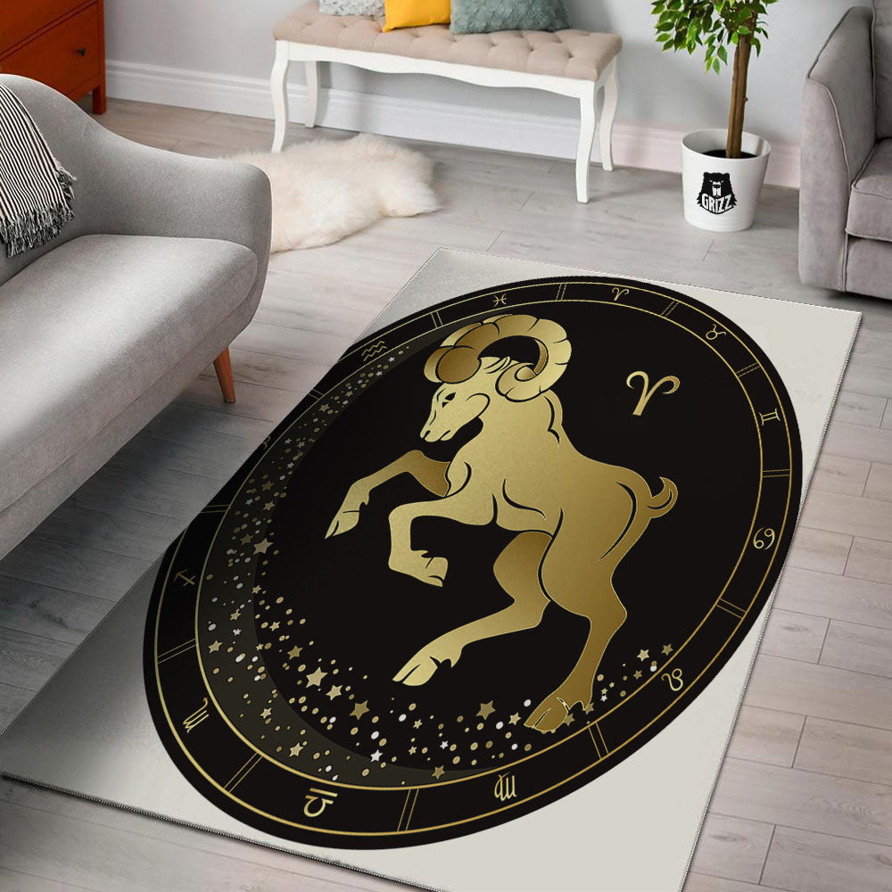 Aries Sign Black And Gold Print Floor Mat-grizzshop