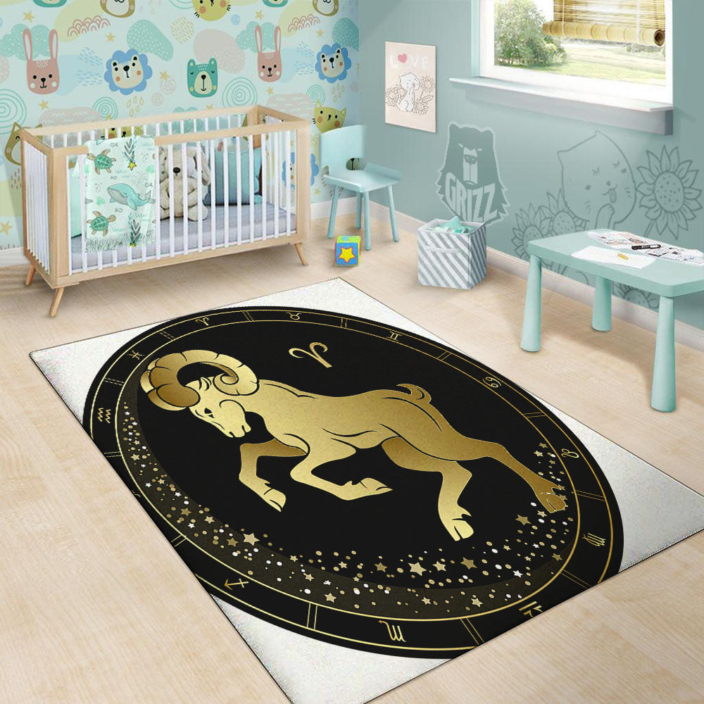 Aries Sign Black And Gold Print Floor Mat-grizzshop