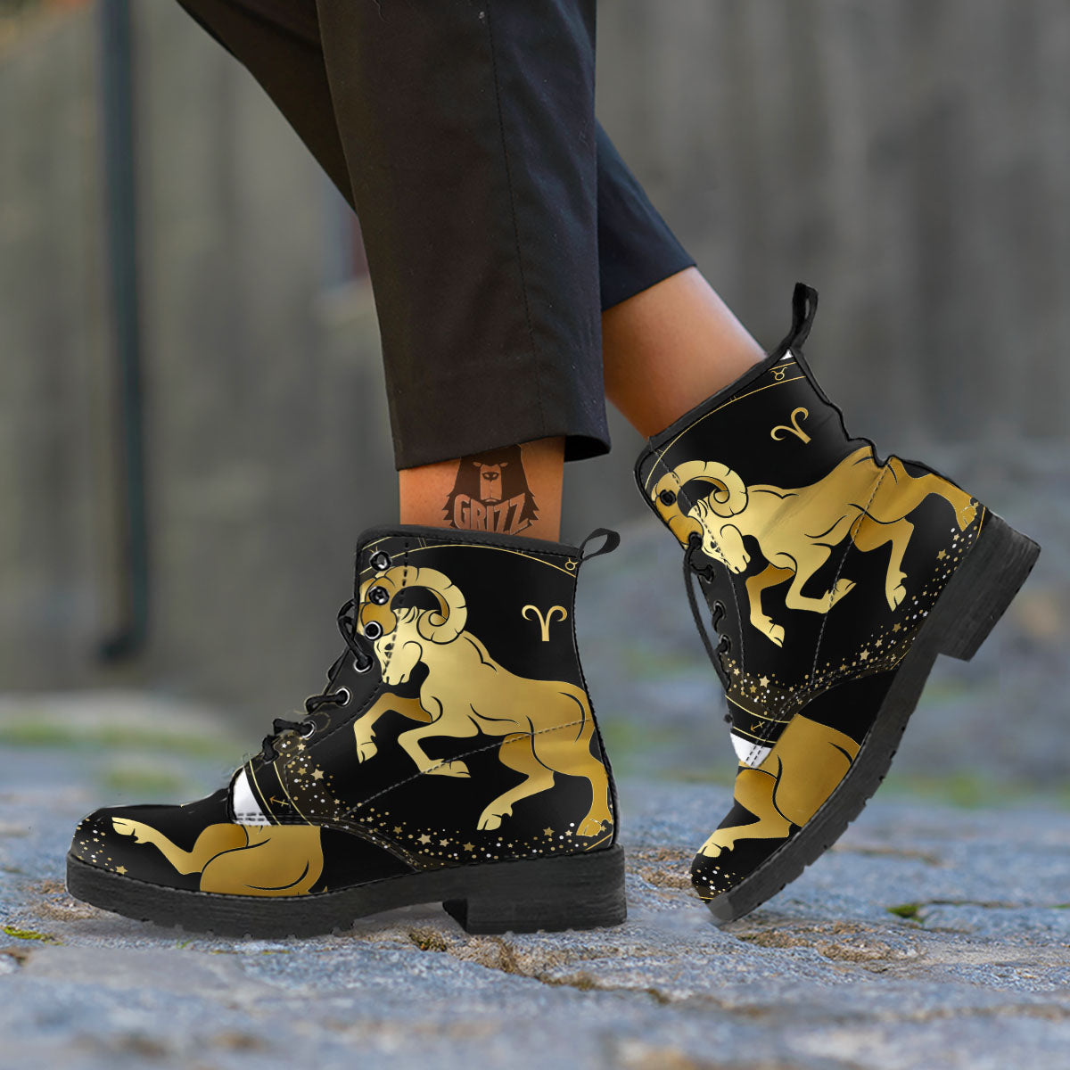 Aries Sign Black And Gold Print Leather Boots-grizzshop