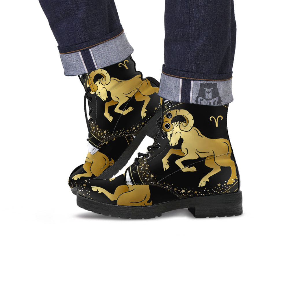 Aries Sign Black And Gold Print Leather Boots-grizzshop
