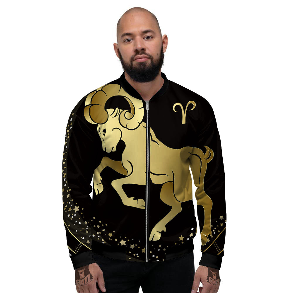 Aries Sign Black And Gold Print Men's Bomber Jacket-grizzshop