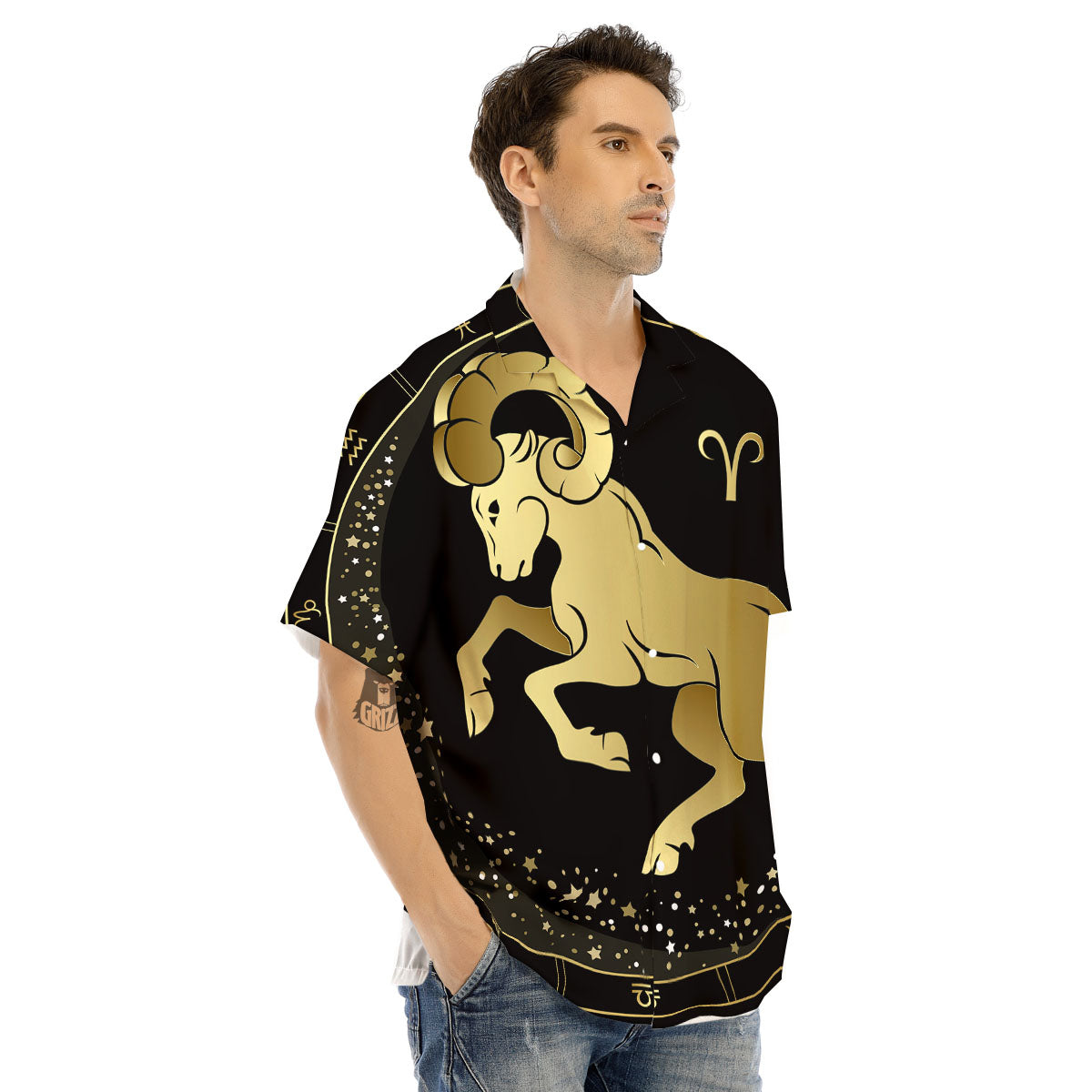 Aries Sign Black And Gold Print Men's Hawaiian Shirt-grizzshop
