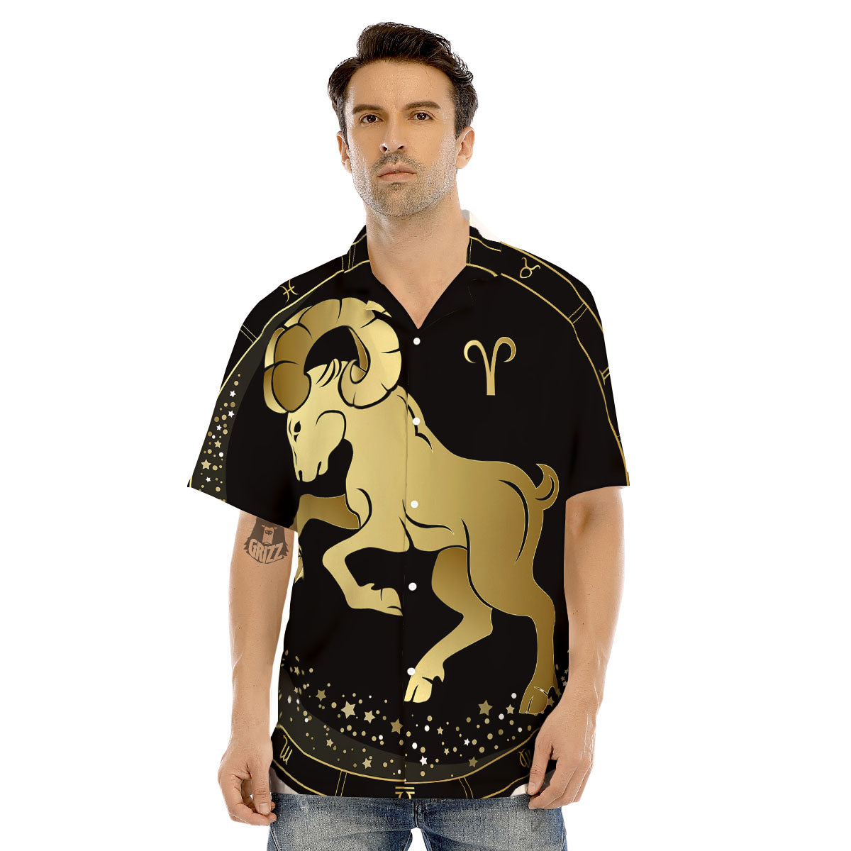 Aries Sign Black And Gold Print Men's Hawaiian Shirt-grizzshop