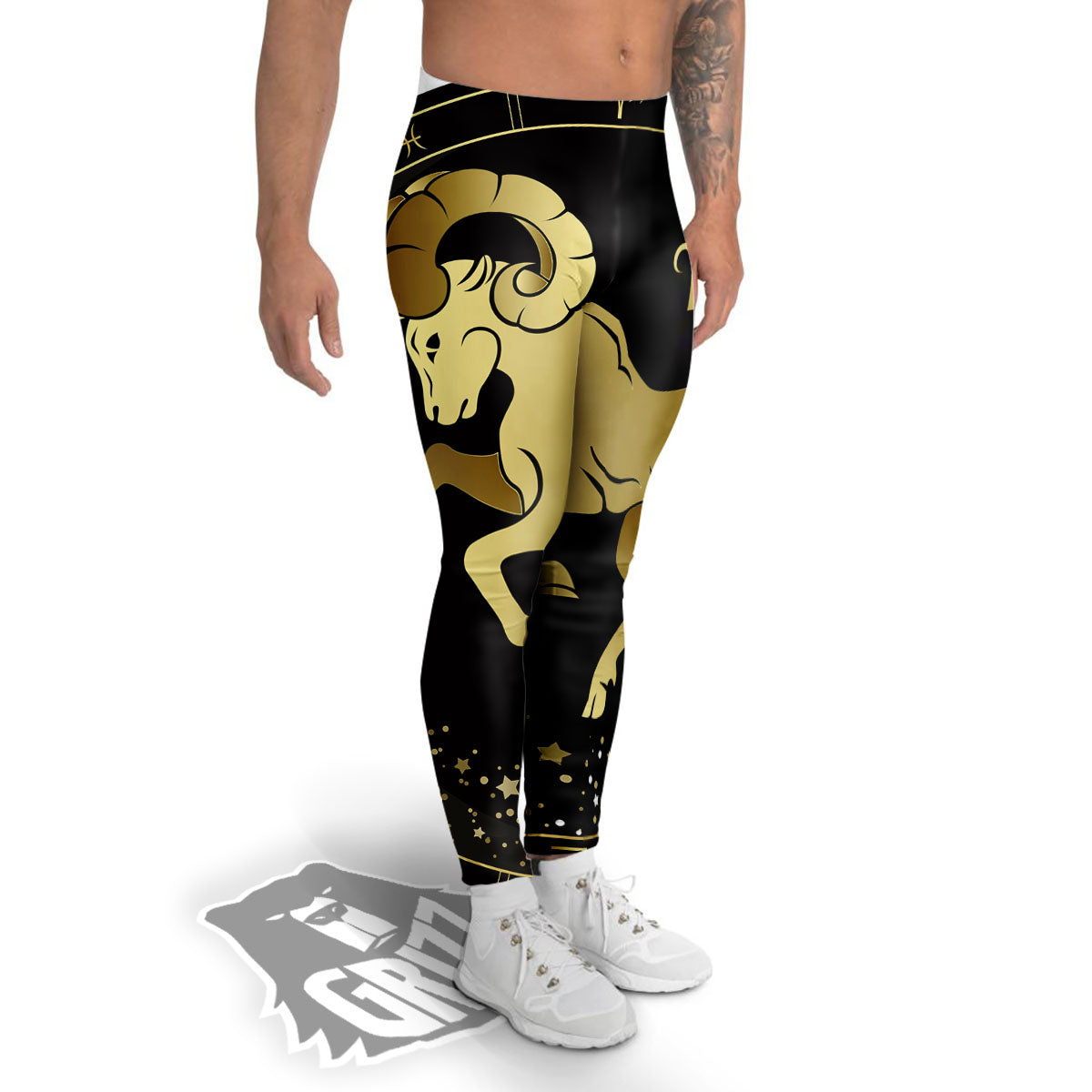 Aries Sign Black And Gold Print Men's Leggings-grizzshop