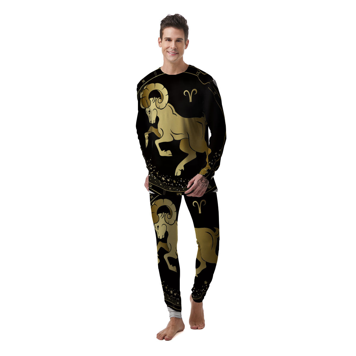 Aries Sign Black And Gold Print Men's Pajamas-grizzshop