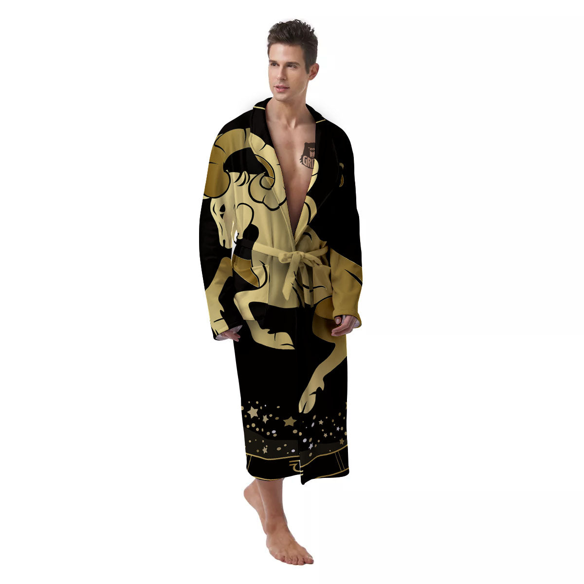 Aries Sign Black And Gold Print Men's Robe-grizzshop