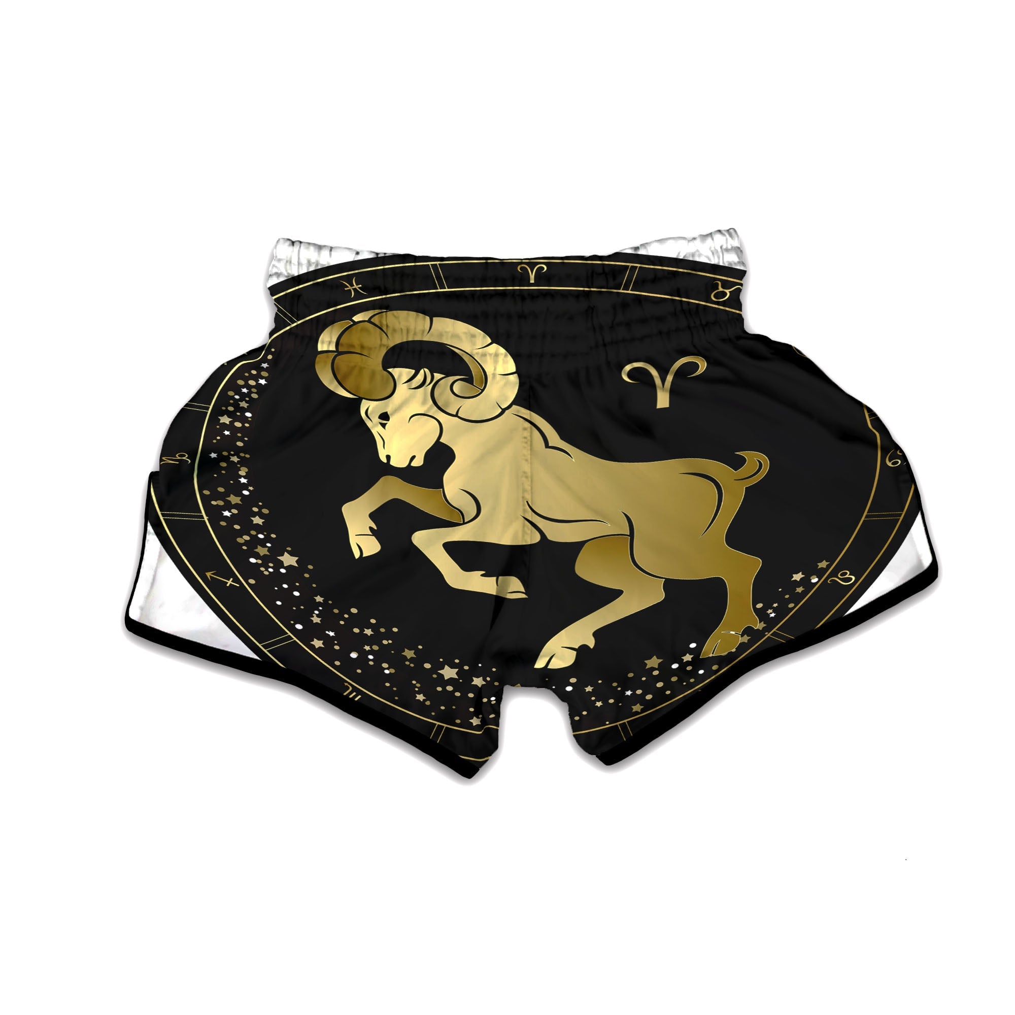 Aries Sign Black And Gold Print Muay Thai Boxing Shorts-grizzshop