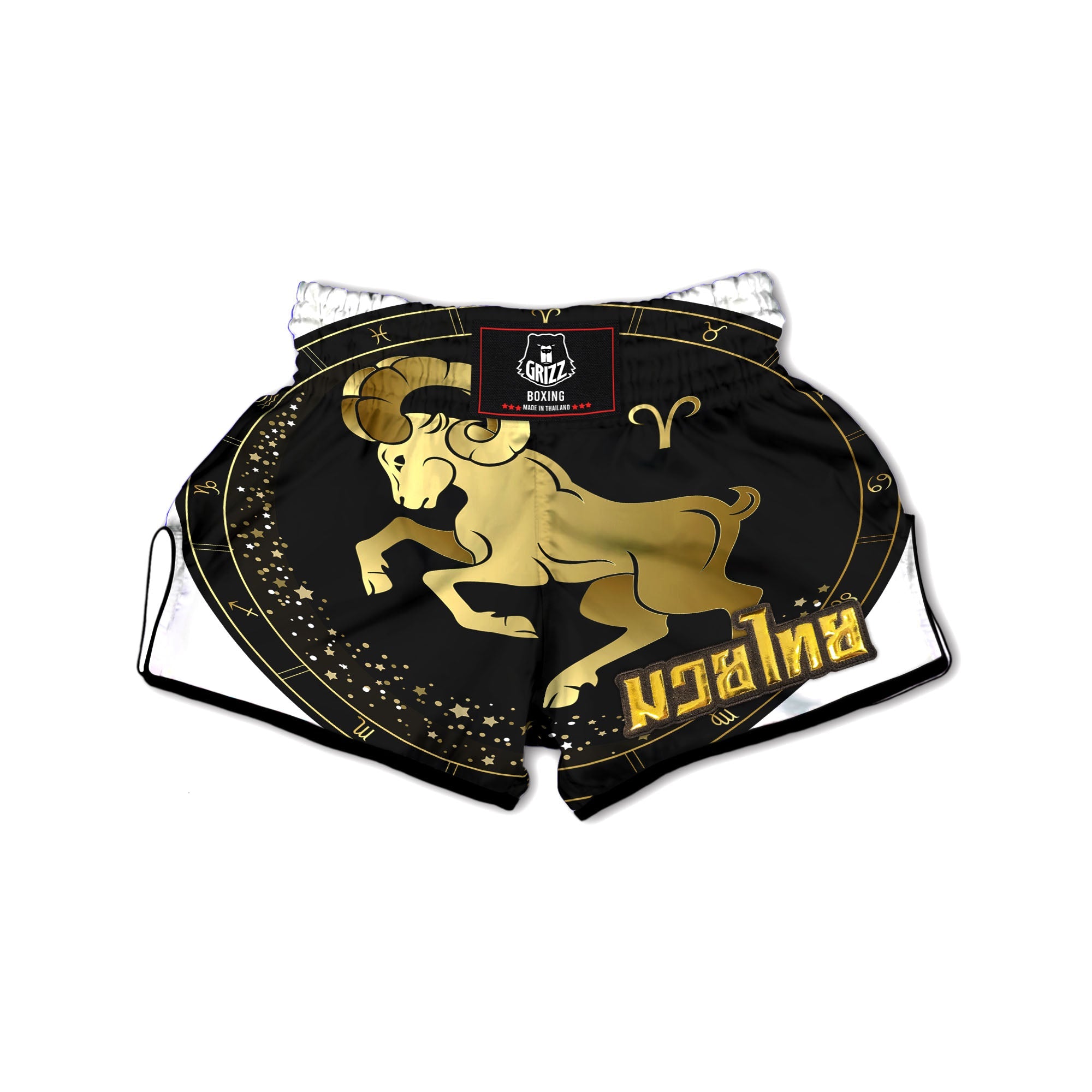 Aries Sign Black And Gold Print Muay Thai Boxing Shorts-grizzshop