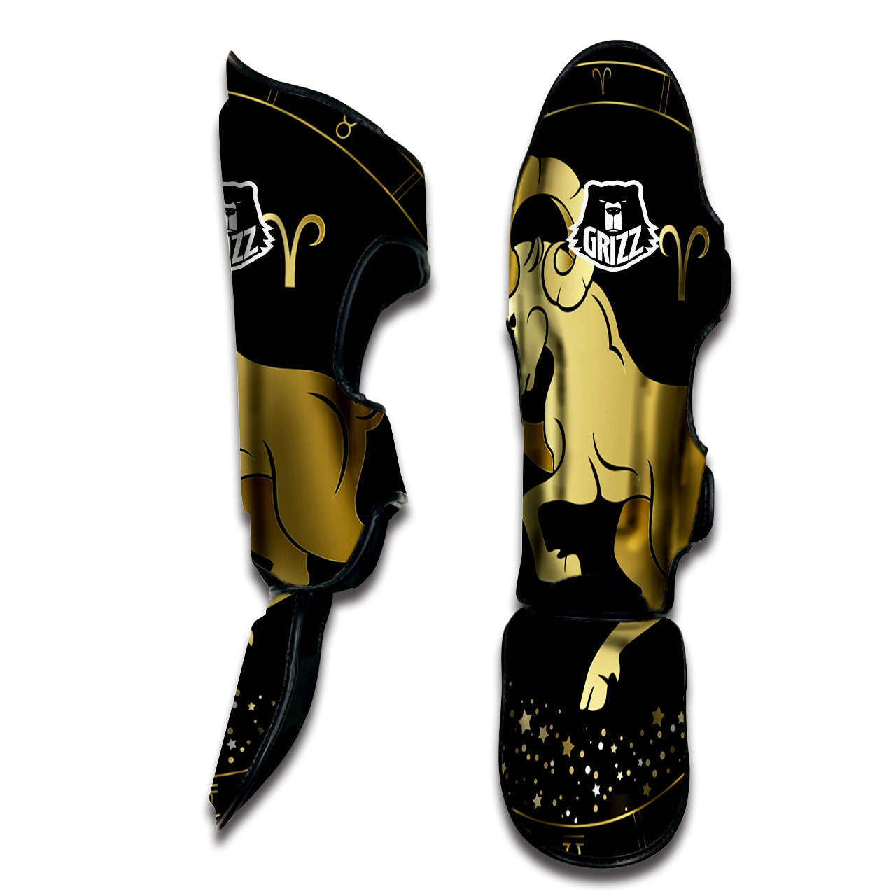 Aries Sign Black And Gold Print Muay Thai Shin Guards-grizzshop