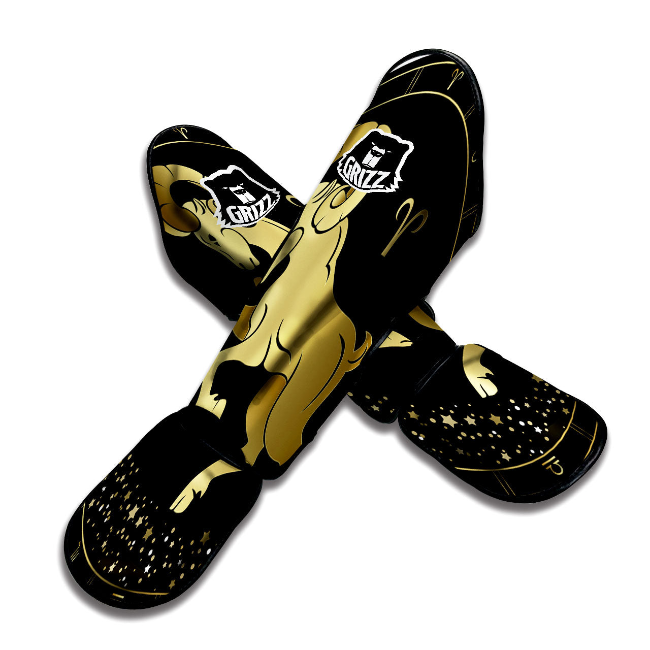 Aries Sign Black And Gold Print Muay Thai Shin Guards-grizzshop