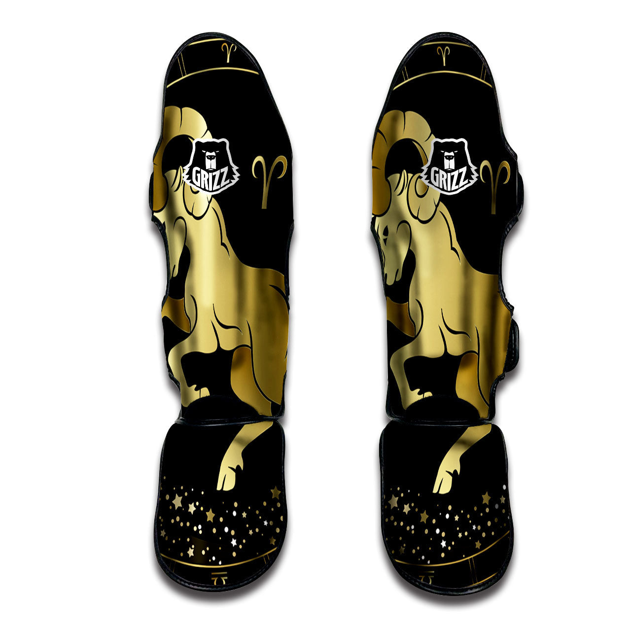 Aries Sign Black And Gold Print Muay Thai Shin Guards-grizzshop