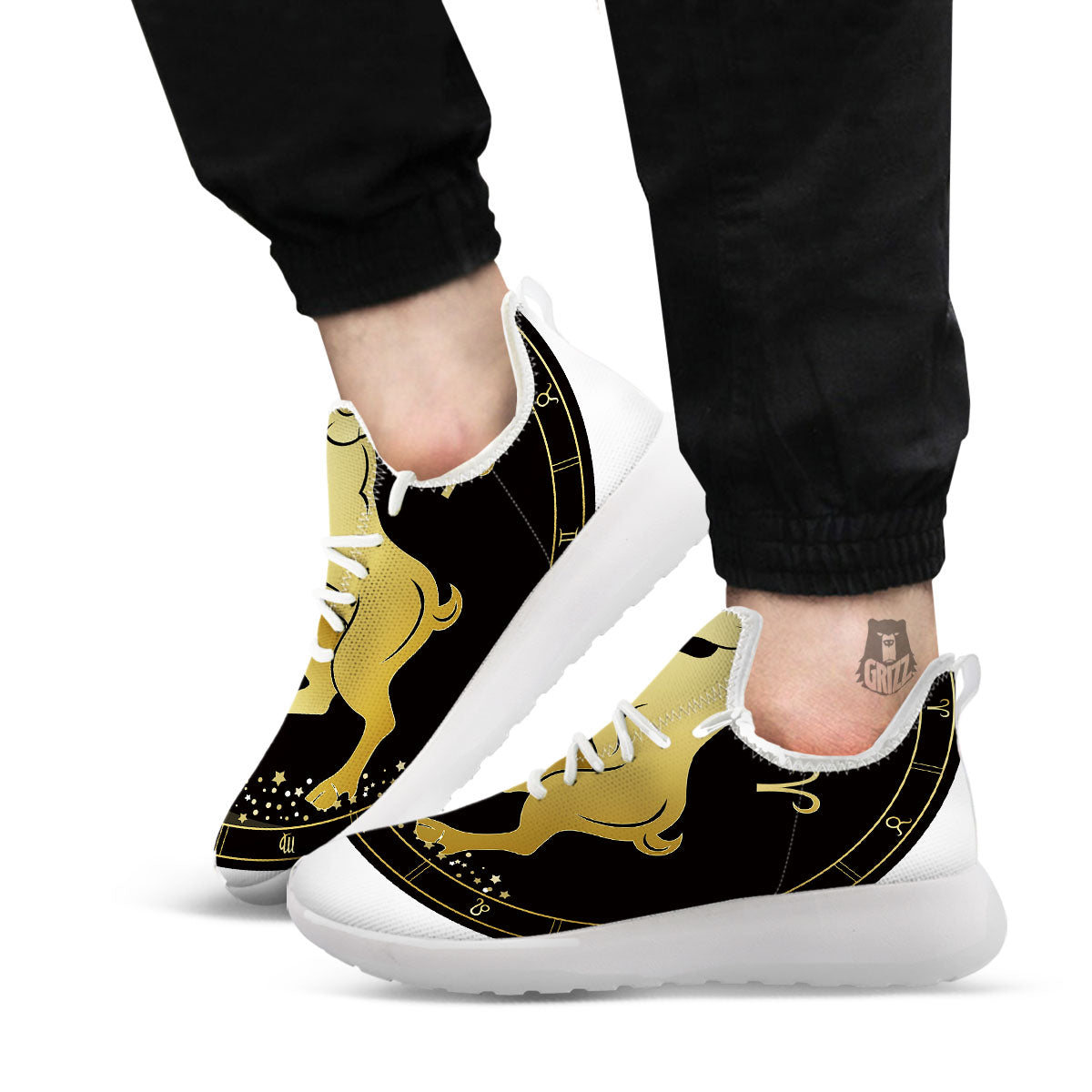 Aries Sign Black And Gold Print White Athletic Shoes-grizzshop