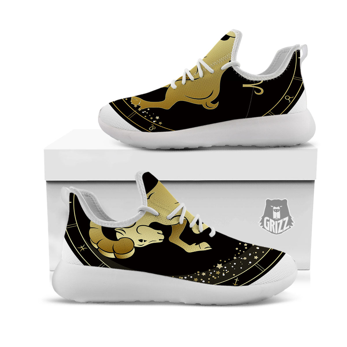 Aries Sign Black And Gold Print White Athletic Shoes-grizzshop