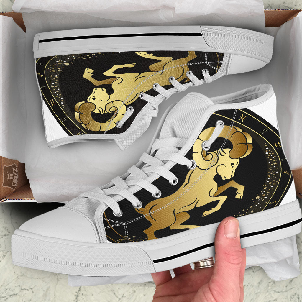 Aries Sign Black And Gold Print White High Top Shoes-grizzshop