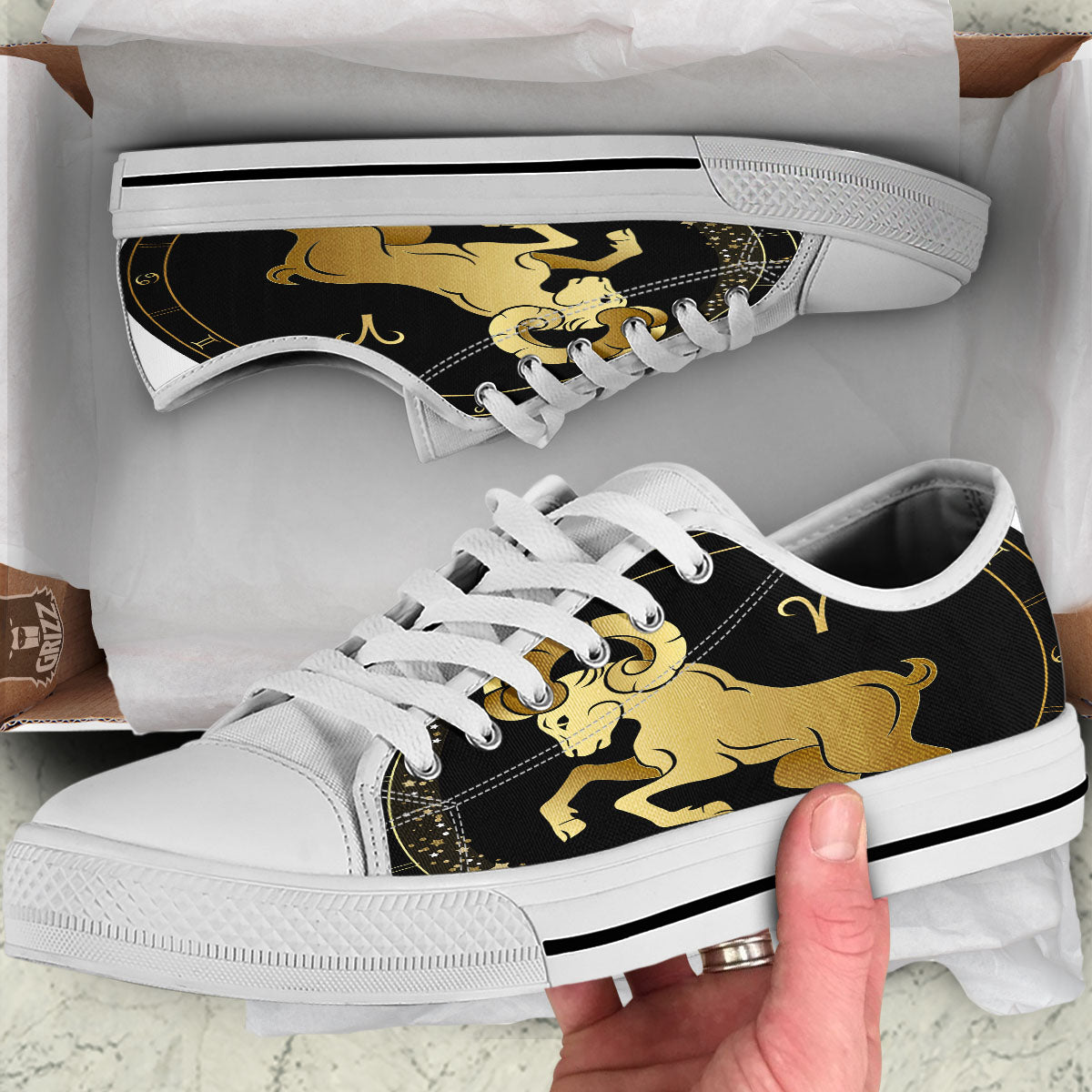 Aries Sign Black And Gold Print White Low Top Shoes-grizzshop