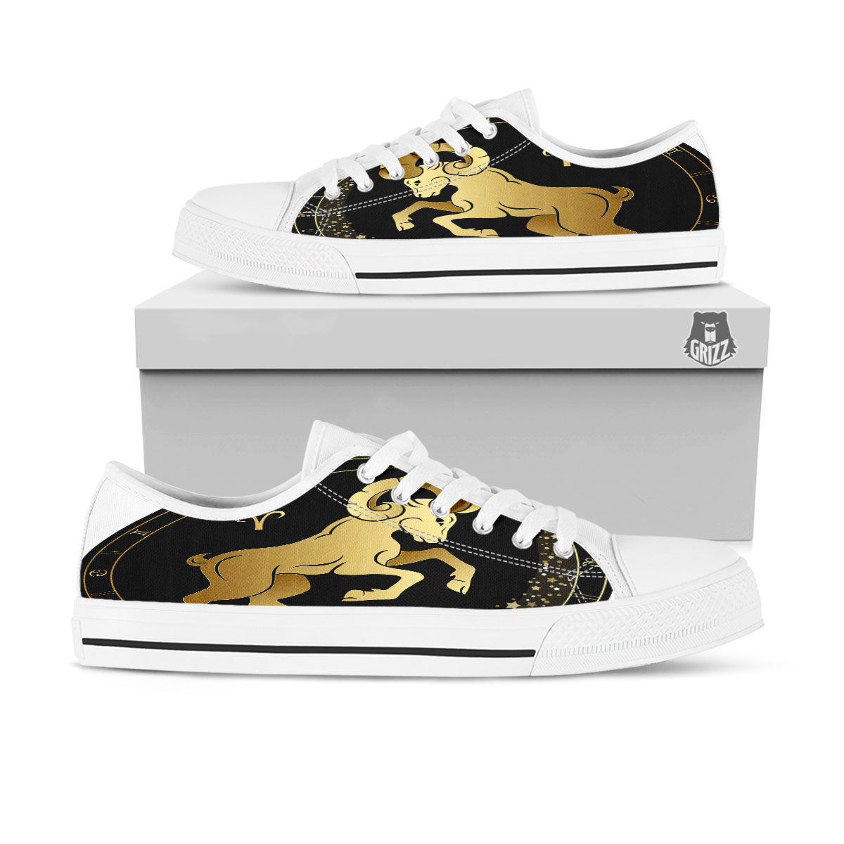Aries Sign Black And Gold Print White Low Top Shoes-grizzshop