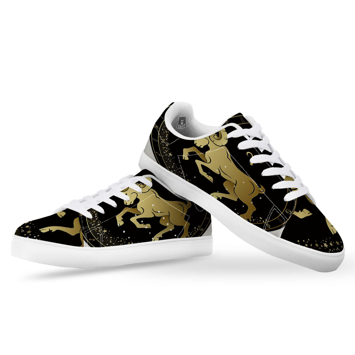 Aries Sign Black And Gold Print White Low Top Sneakers-grizzshop