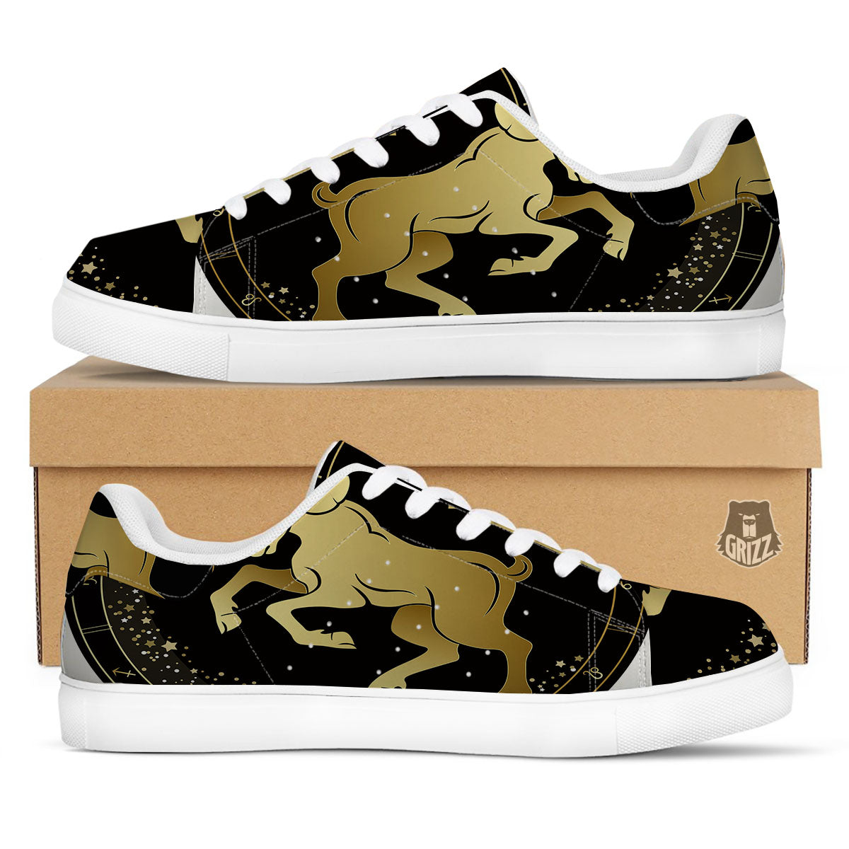 Aries Sign Black And Gold Print White Low Top Sneakers-grizzshop