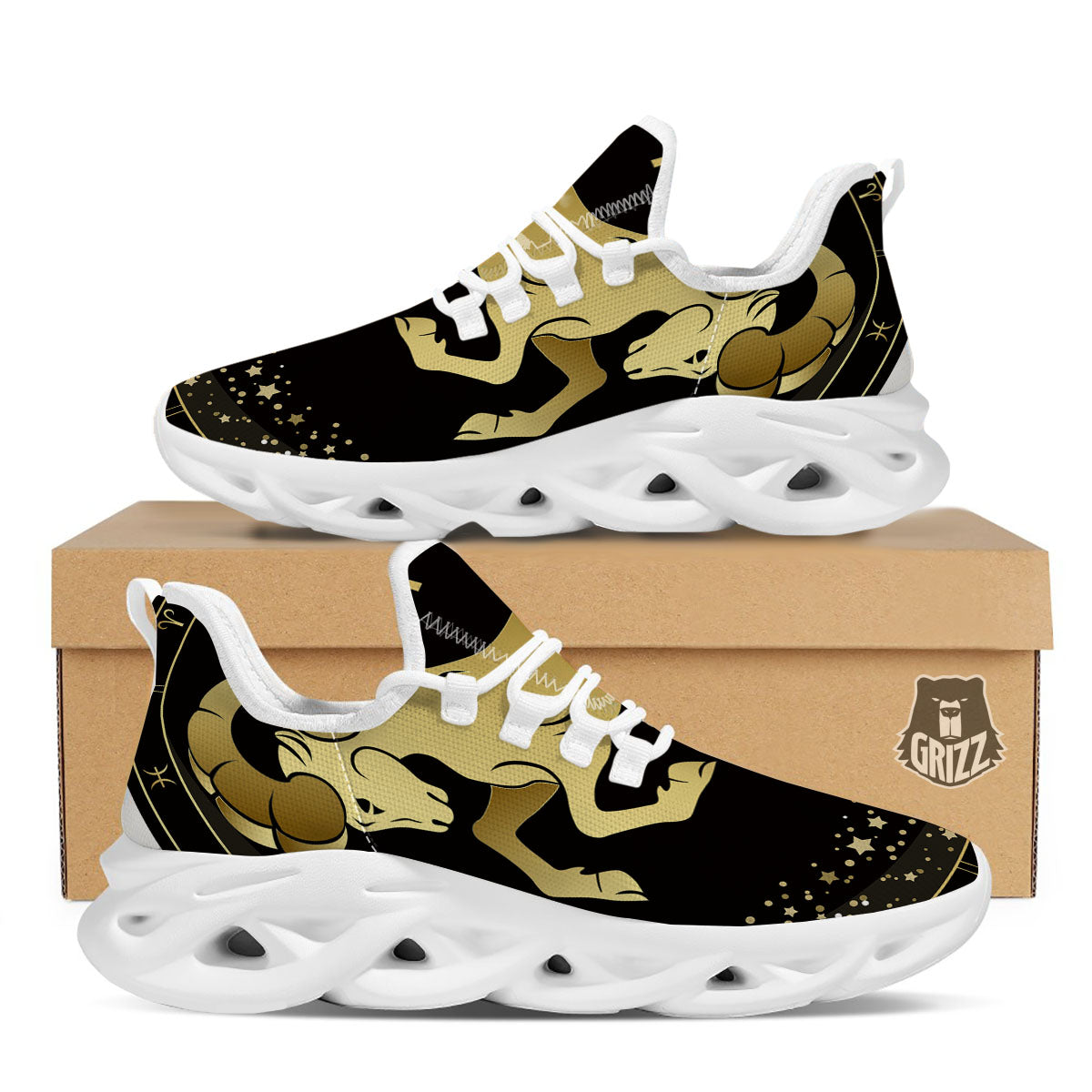 Aries Sign Black And Gold Print White Running Shoes-grizzshop