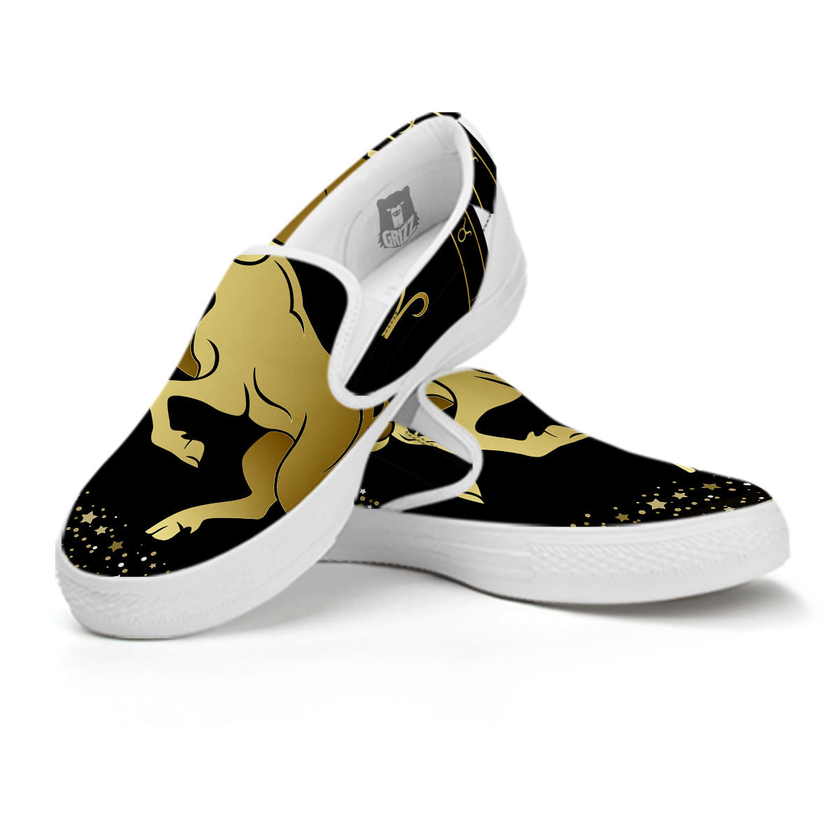 Aries Sign Black And Gold Print White Slip On Shoes-grizzshop