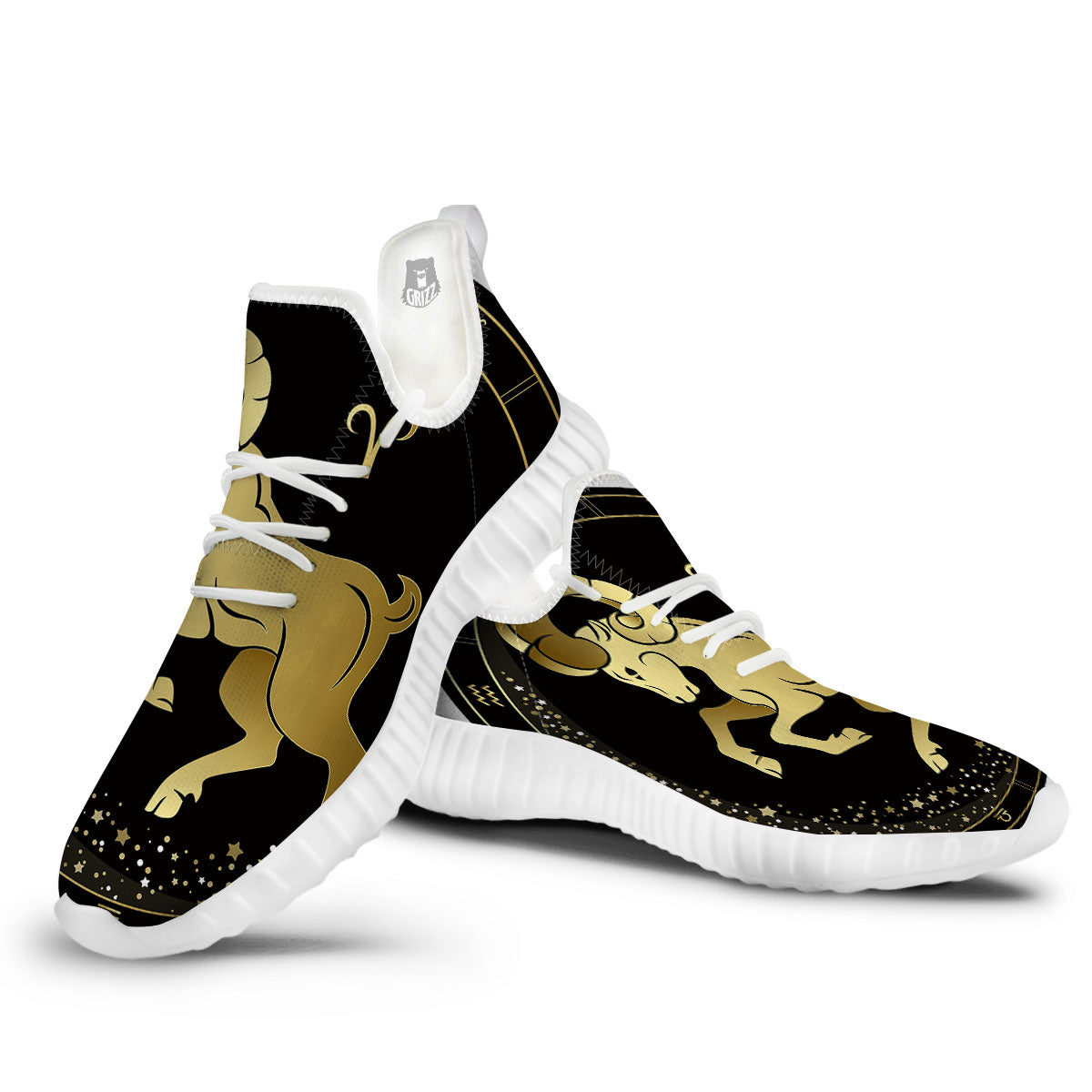 Aries Sign Black And Gold Print White Walking Shoes-grizzshop