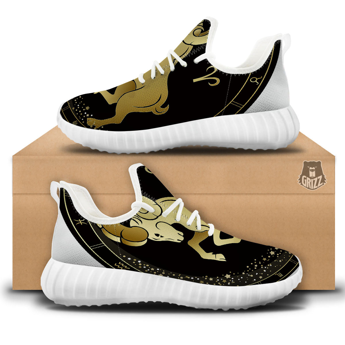 Aries Sign Black And Gold Print White Walking Shoes-grizzshop
