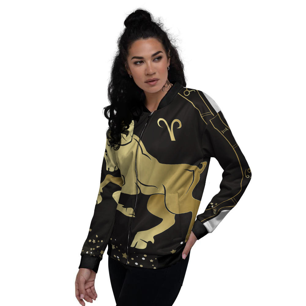 Aries Sign Black And Gold Print Women's Bomber Jacket-grizzshop