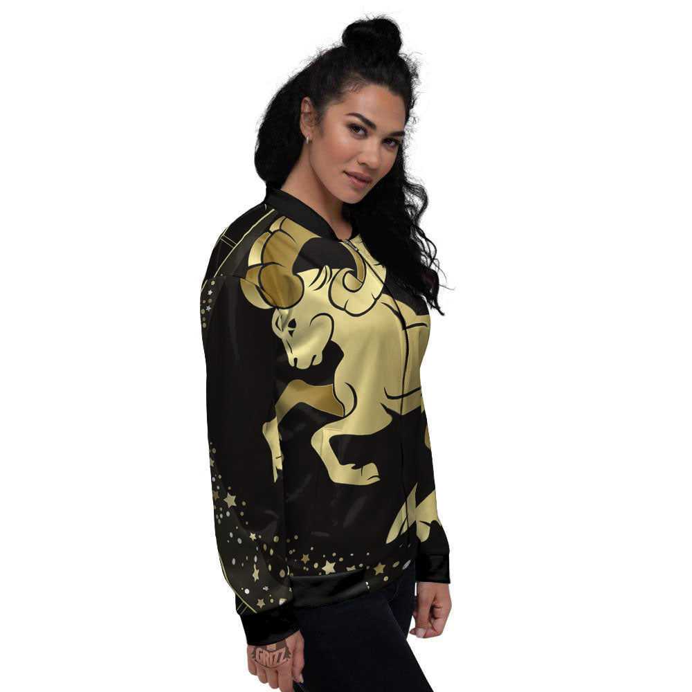 Aries Sign Black And Gold Print Women's Bomber Jacket-grizzshop