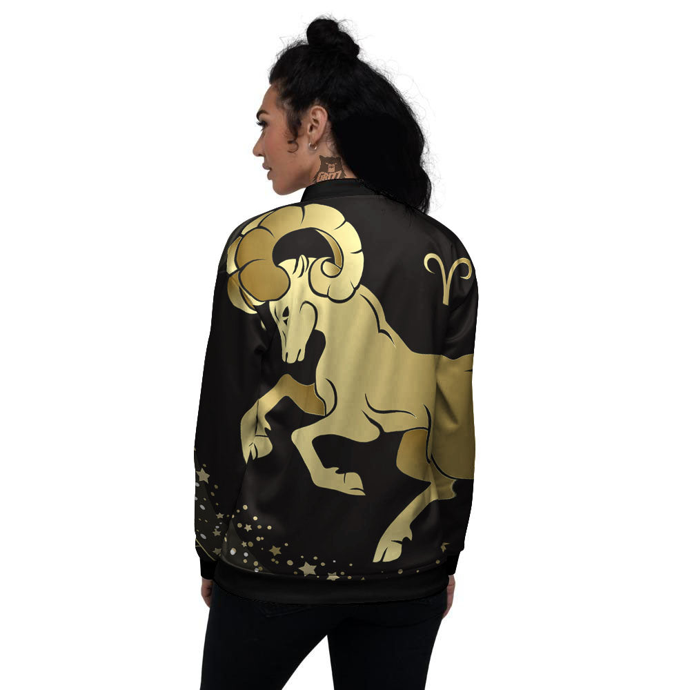 Aries Sign Black And Gold Print Women's Bomber Jacket-grizzshop