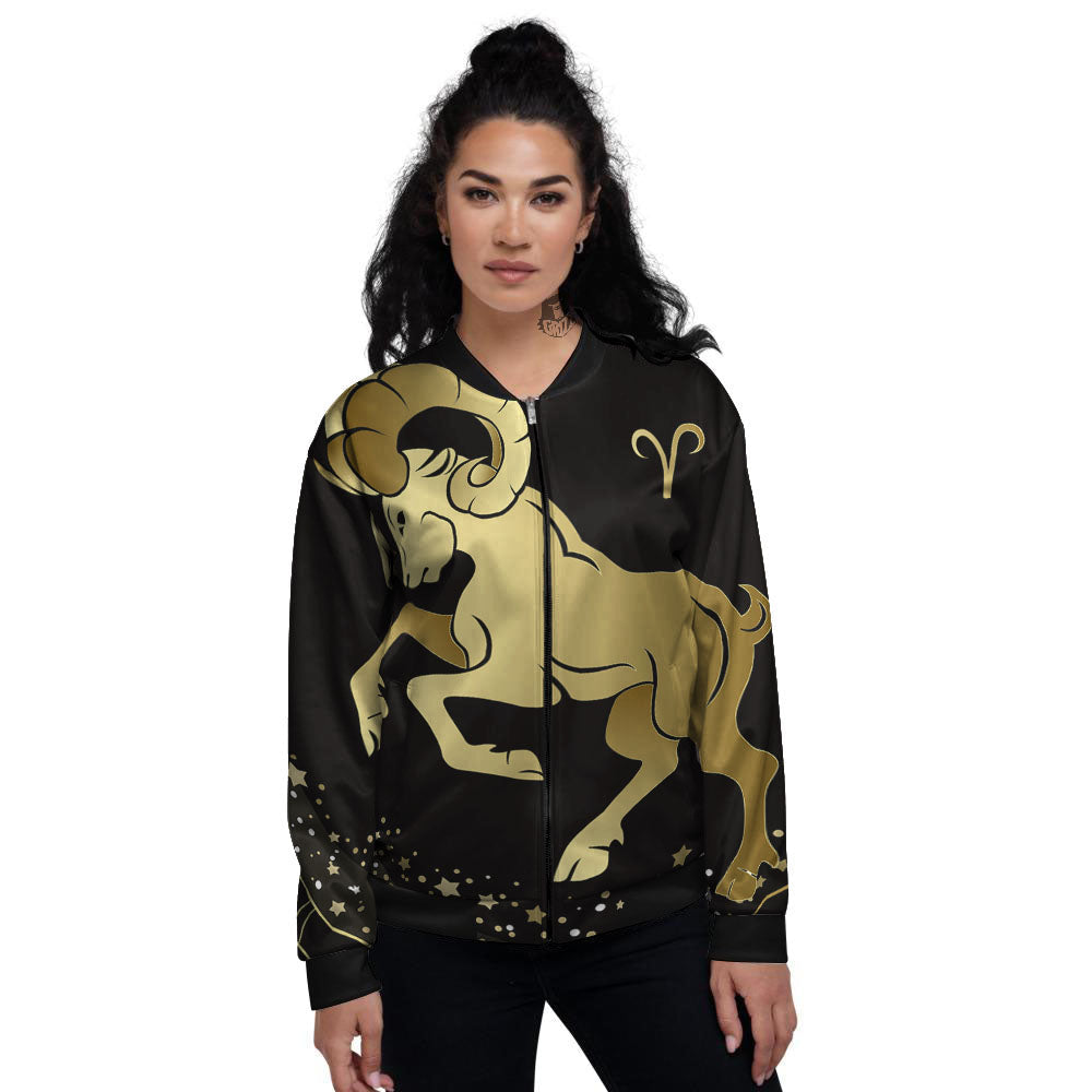 Aries Sign Black And Gold Print Women's Bomber Jacket-grizzshop