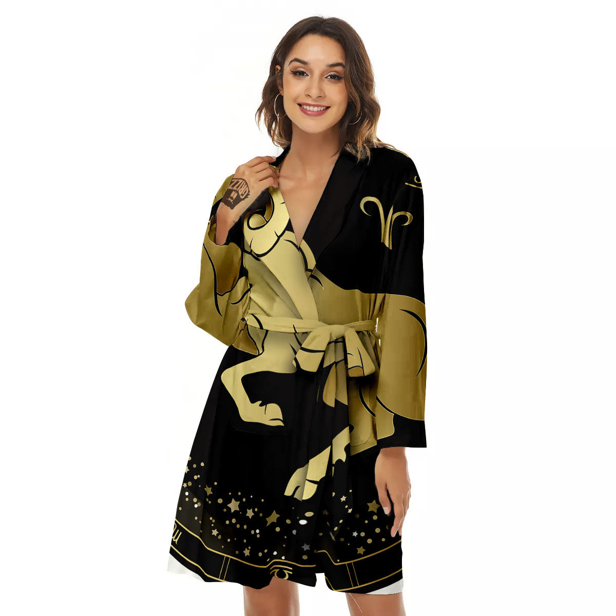 Aries Sign Black And Gold Print Women's Robe-grizzshop