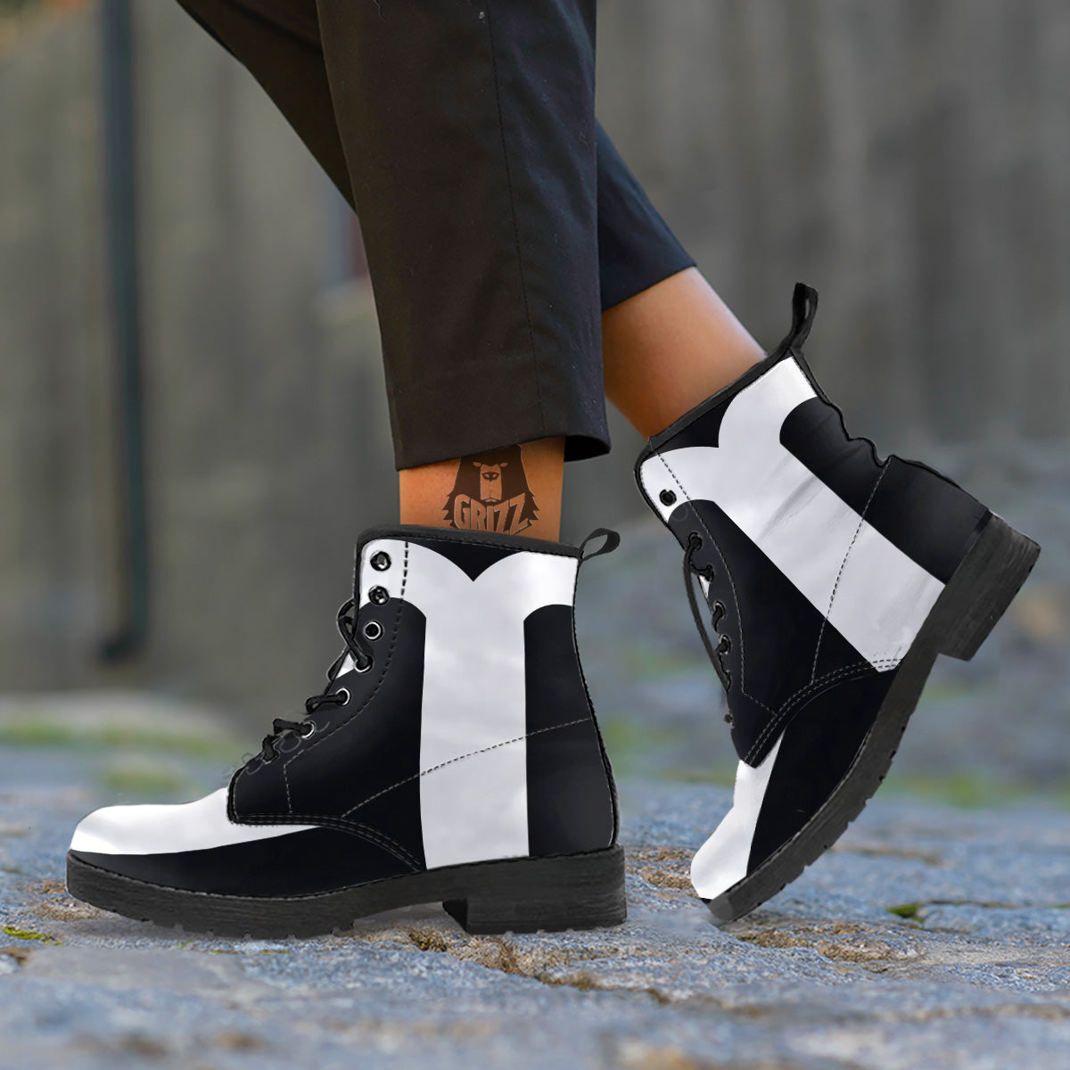 Aries Sign White And Black Print Leather Boots-grizzshop