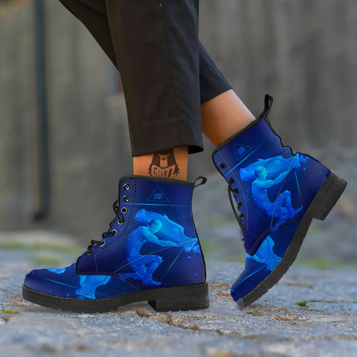 Astrological And Aquarius Signs Print Leather Boots-grizzshop